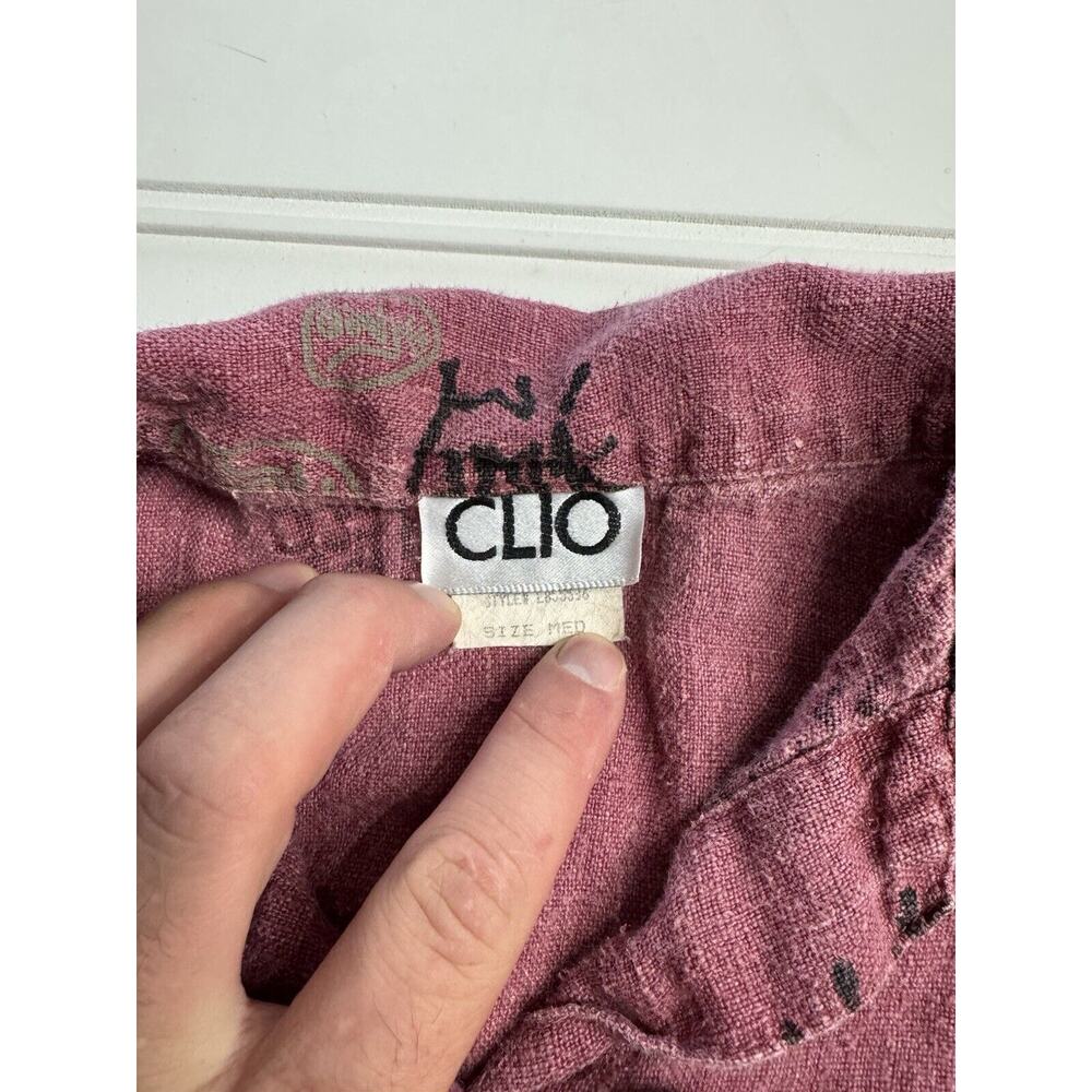 Vintage Y2K Clio Short Sleeve Wood Button Linen Top Maroon Asian Theme Medium - Picture 3 of 7